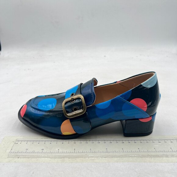 YDN Blue Print Polka Dot Square Toe Loafers Slip on Block Low Heel Buckle Pumps - Picture 2 of 8